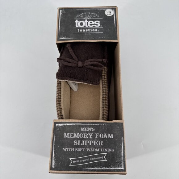 New TOTES Toasties Men's MEMORY FOAM SLIPPERS Brown Plaid Trim LARGE 9-10 Comfy - Picture 3 of 5